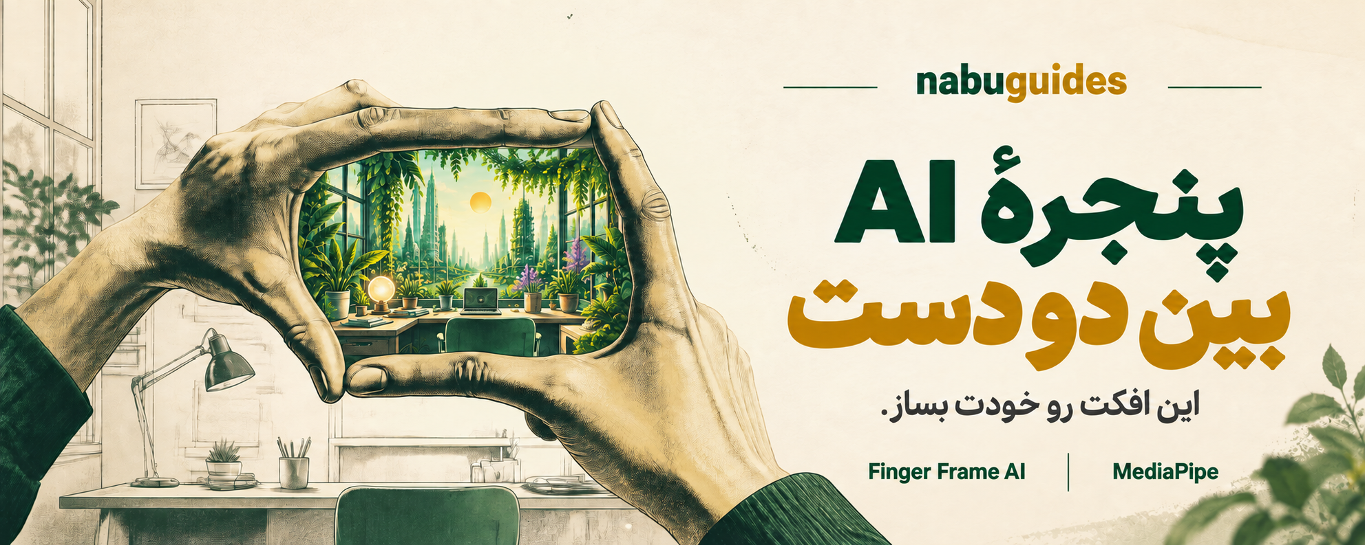 پنجرهٔ AI بین دو دست؛ کاور nabuguides با قاب دستها، Finger Frame AI و MediaPipe